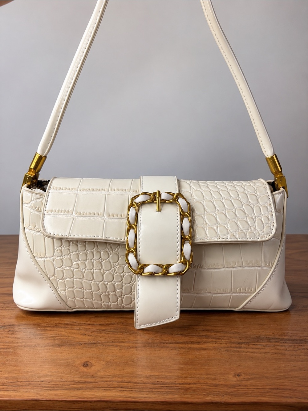 Retro French Clutch cream Croc Shoulder Bag Gold Buckle 🍒❤️